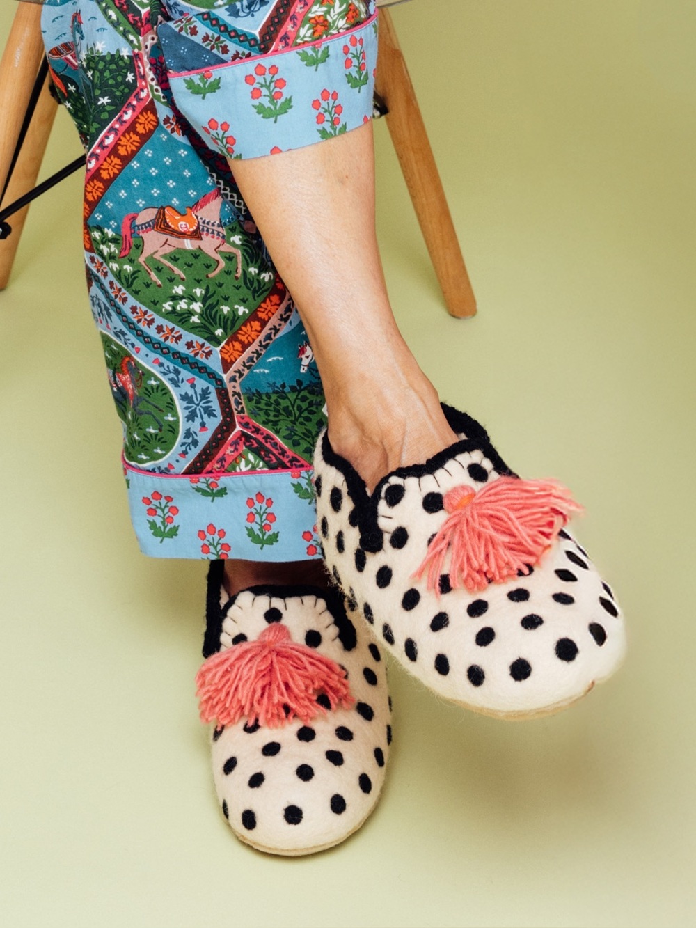 French Knot Spots + Dots Women’s Handmade Slippers Wool Leather Polka Dot PomPom